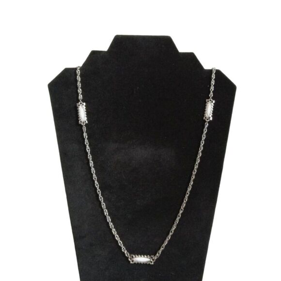 Solid White & Silver Toned Metal Rectangle Accents Long Length Layering Necklace - Picture 1 of 9